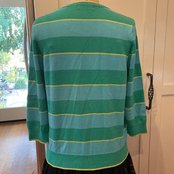 "Cashmere" brand woman's cardigan. Kelly green, sky blue stripes w/ yellow - Picture 3 of 3